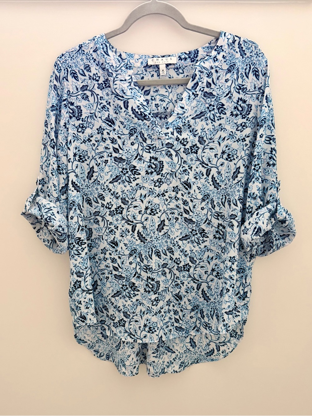 Chaus Light Blue and Navy Floral Split-Neck Tunic